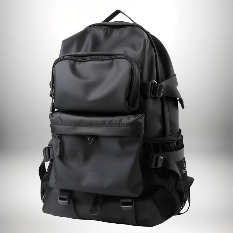 Image d'un sac à dos ergonomique noir, avec plusieurs poches et sangles.
