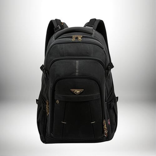 Gros plan d'un sac a dos zip noir avec plusieurs poches.