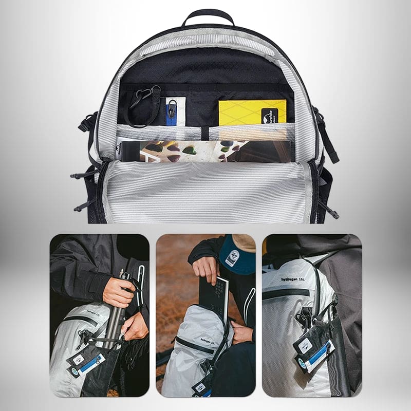 Image promotionnelle d'un sac à dos trail avec différentes scènes montrant le sac ouvert et des personnes utilisant le sac pour ranger une bouteille d'eau et un ordinateur portable, les poches du sac à dos étant également visibles.