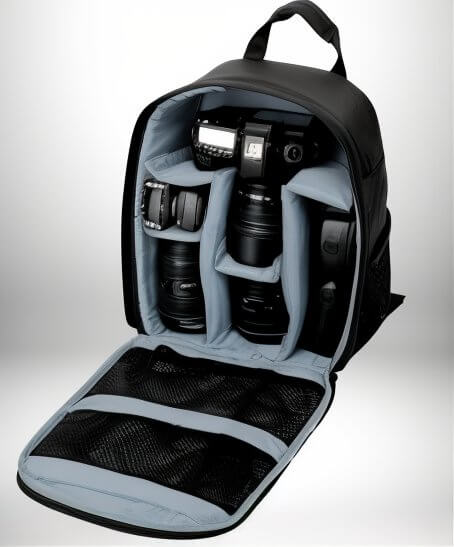 Un sac à dos photo reflex noir ouvert, contenant un appareil photo reflex et des objectifs.