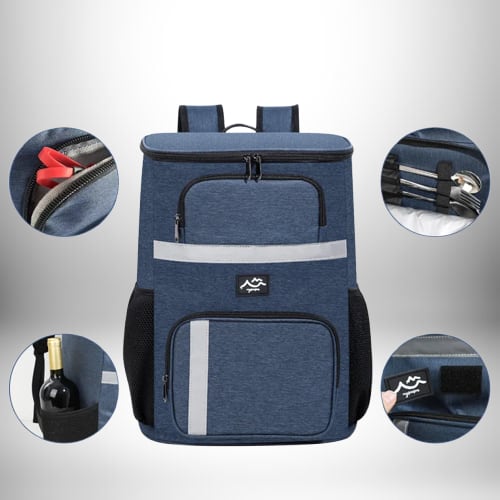 Voici une photo en gros plan d'un sac à dos pique-nique bleu, avec plusieurs compartiments et poches pour les accessoires de pique-nique.
