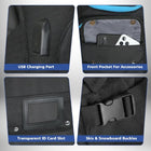 Voici une image de gros plan d'un sac à dos snowboard, avec quatre petits cadres décrivant les caractéristiques suivantes : port de chargement USB, poche avant pour accessoires, fente pour carte d'identité transparente et boucles pour skis et snowboard.
 — vue 3