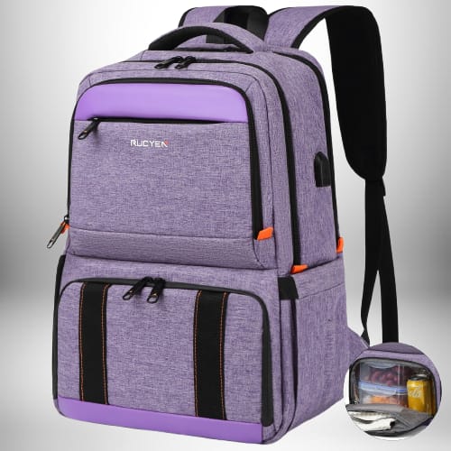 Sac à dos refrigerant en tissu violet avec compartiment isolant au fond.

