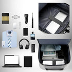 Des objets de style de vie pour un homme sur un fond blanc, dont un ordinateur portable et un iPad, entourant un sac a dos homme chic.  Le sac est ouvert pour révéler son contenu.
 — vue 7