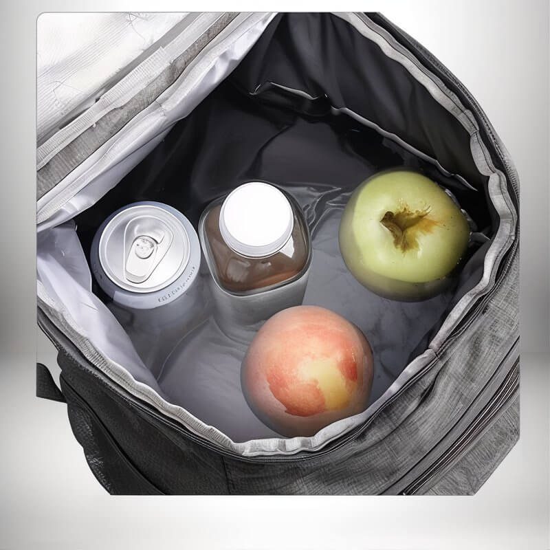 Un sac a dos lunch isotherme gris ouvert avec une canette, une bouteille et des fruits dedans.