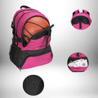 Un sac à dos rose et noir avec un ballon de basket à l'intérieur et un sac à dos foot avec d'autres compartiments pour des articles de sport. — vue 7