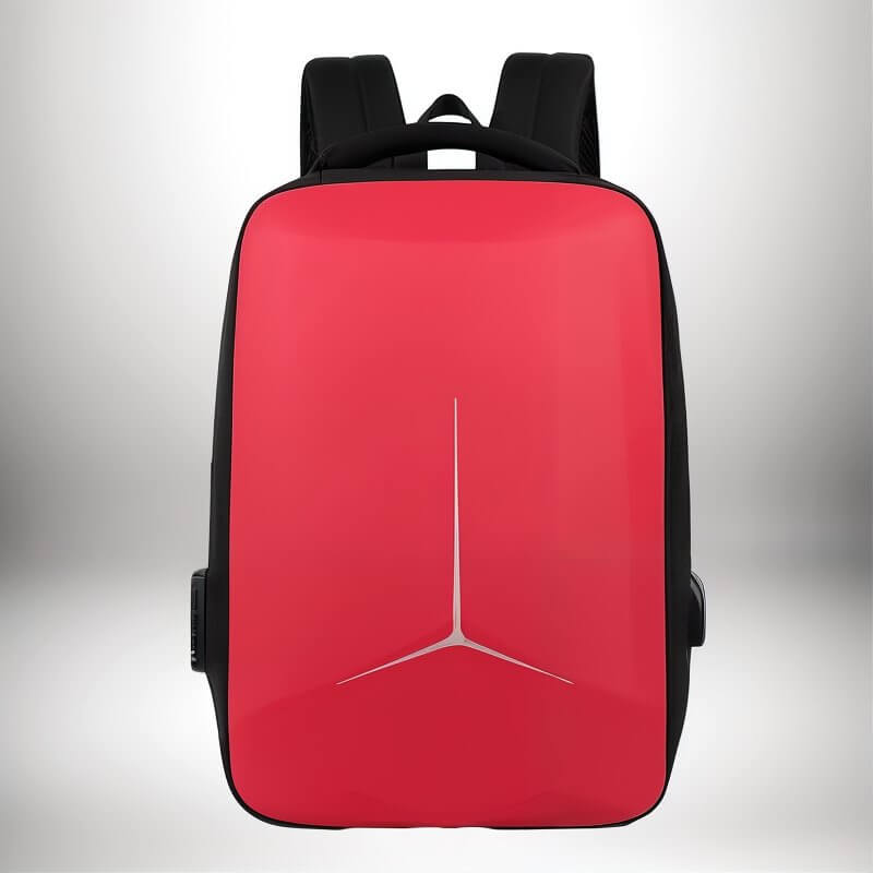 Un sac à dos coque rigide rouge avec des détails noirs et un motif de lumière blanche.