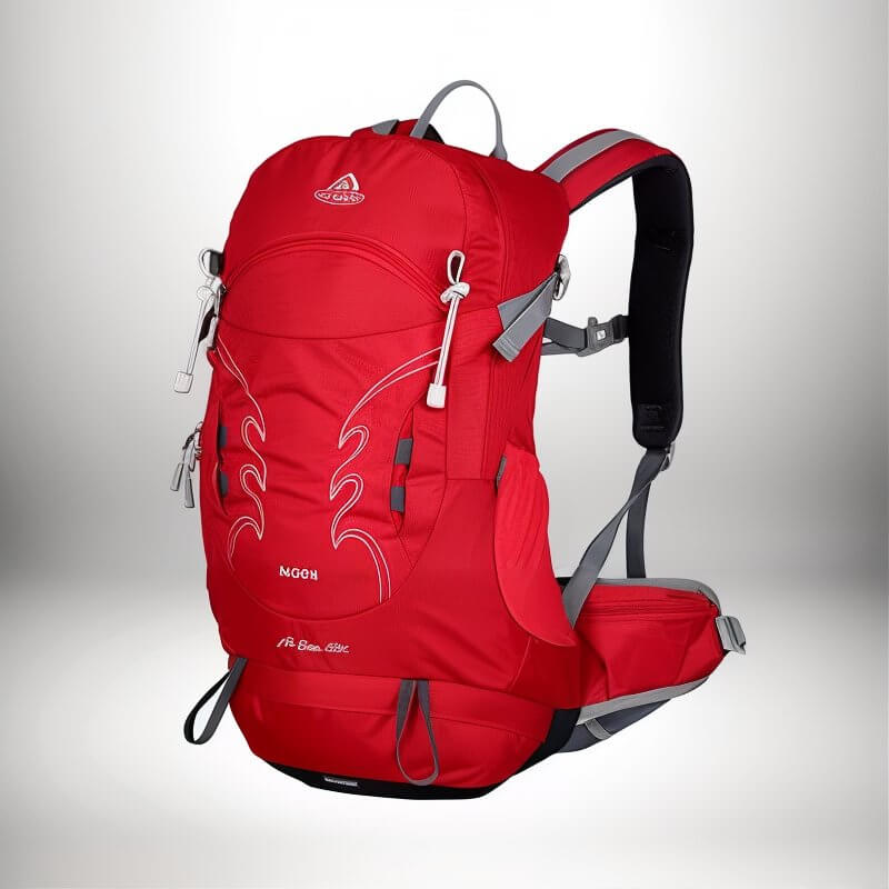A red backpack, featuring white accents and the word "MOON" on the front.