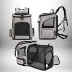 Plusieurs angles d'un sac à dos transport chat gris pour animaux avec des parois en filet noir.
 — vue 3