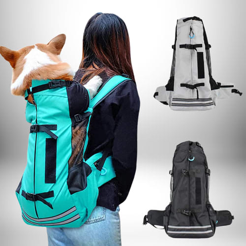 Une femme porte un chien dans un **sac a dos transport chien** de couleur turquoise. Le sac à dos a une poche latérale et des sangles réglables. Il y a un autre sac à dos gris et un sac à dos noir dans le coin supérieur droit. Les sacs à dos ont une bande réfléchissante.
