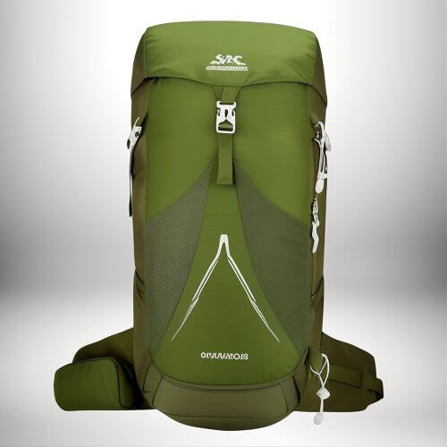 A green backpack with SAC branding on top and the word 'Ouraimois' near the bottom.