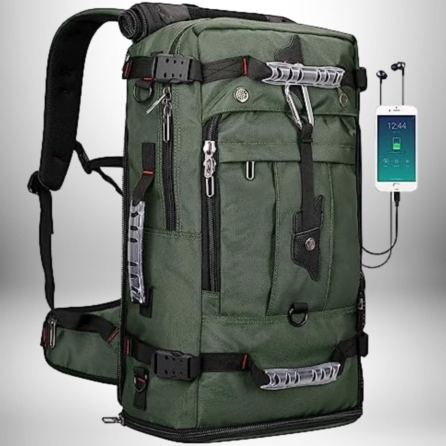 Image d'un sac a dos convertible,sac à dos convertible,sac convertible sac à dos,sac convertible de couleur vert foncé. Le sac est volumineux avec de nombreuses poches et sangles. Le sac a un design moderne avec des poignées en métal poli et une poche avant. Un téléphone montre une charge pleine et est connecté à un casque.