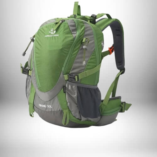 Un sac à dos de randonnée vert et gris avec le mot-clé "Jungle King".
