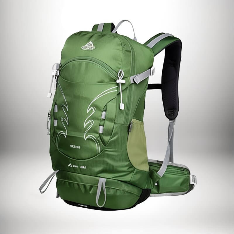 A green backpack with multiple compartments, straps, and a sternum strap. The backpack has a white design and the word "SEEN" written on it.