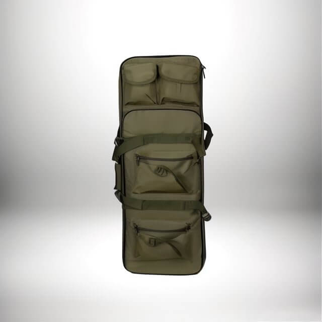 Image d'un sac a dos chasse porte fusil vert kaki, avec de nombreuses poches et des sangles ajustables.
