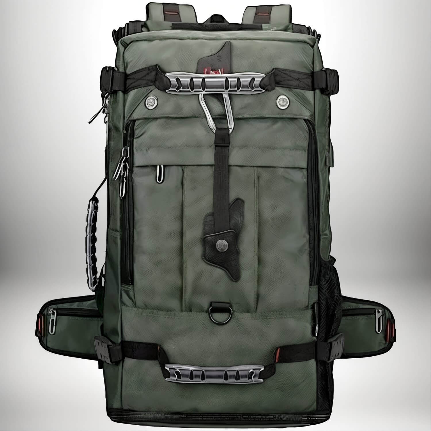 Un sac à dos vert avec de nombreuses poches, des sangles et des poignées, potentiellement un sac a dos convertible,sac à dos convertible,sac convertible sac à dos,sac convertible.