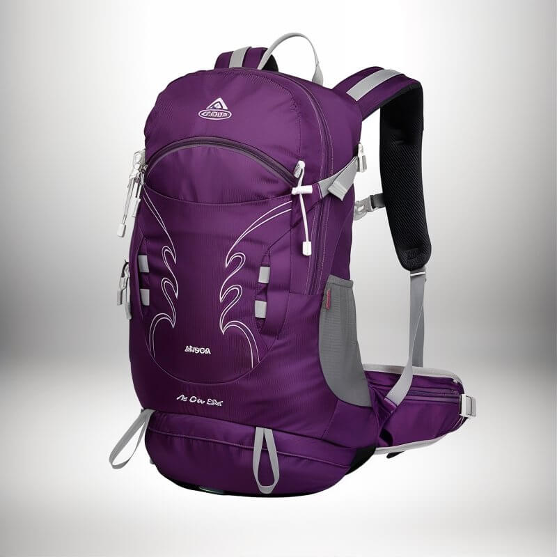 Un sac à dos de randonnée violet, avec des détails gris et blancs, dont la marque "ANCOA" est visible.