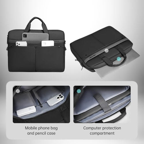 Une image d'une sacoche ordinateur homme tendance en couleur noire avec plusieurs compartiments, une anse de transport et une bandoulière, avec en détails les compartiments pour téléphone et stylo.

