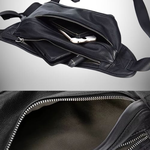 Image d'un sac banane cuir homme noir ouvert révélant des poches et des objets à l'intérieur.
