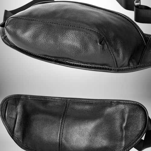 Voici une image de haute qualité d'un sac banane cuir homme, noir, avec une poche principale spacieuse et une sangle réglable. L'image présente le sac sous des angles différents, montrant sa construction en cuir de qualité supérieure et son design élégant.​
