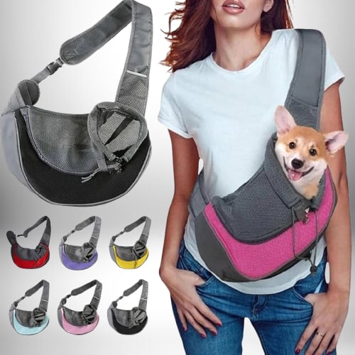 Une photo d'un modèle féminin portant un sac bandoulière petit chien​ de couleur rose et grise et y abritant un petit chien de couleur marron et crème, souriant. Sur la gauche du modèle, plusieurs photos plus petites de sacs de la même forme mais de couleurs différentes sont affichées.

