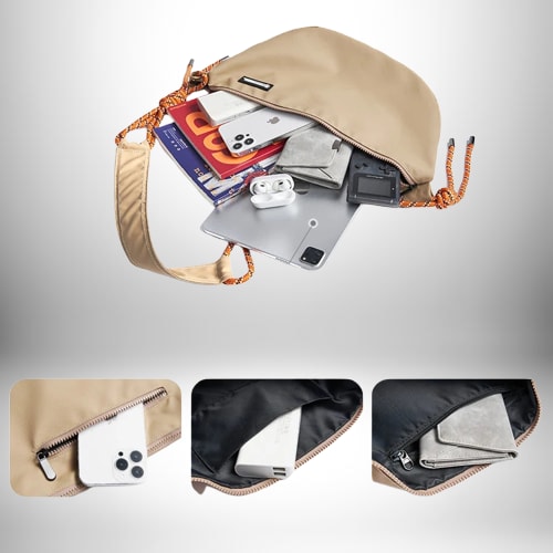 Vue en perspective d'un petit sac de sport homme ouvert. Le sac beige dévoile son contenu : un ordinateur tablette, deux téléphones portables, des écouteurs, un portefeuille, un petit appareil photographique, des livres et un autre petit portefeuille. Trois images plus petites en bas montrent respectivement l'intérieur d'une poche de fermeture éclair avec un téléphone blanc, l'intérieur du sac principal avec une batterie portable et l'intérieur avec un petit portefeuille gris.