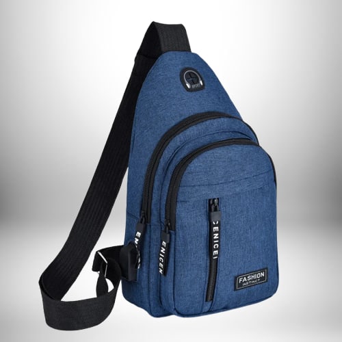 Un sac de sport bandoulière bleu avec une seule bandoulière noire.
