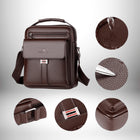 Image d'un sac à main en cuir marron pour homme, avec des cercles montrant des détails du sac.
 — vue 6