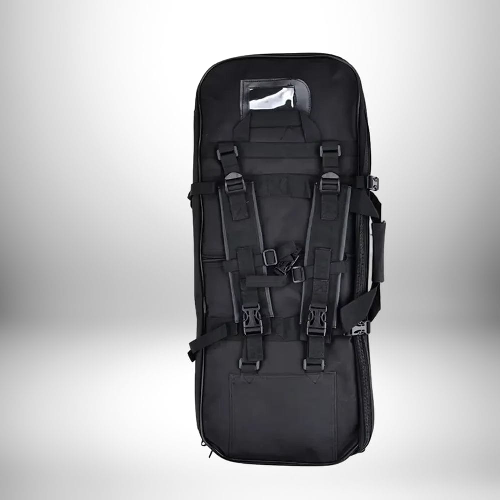Image d'un sac a dos chasse porte fusil noir, avec des sangles et attaches.
