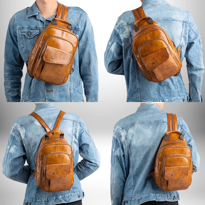 Plusieurs vues d'un mini sac à dos homme cuir de couleur marron porté par un homme vêtu d'une veste en jean.