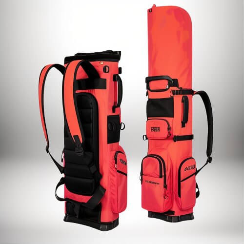 Deux sacs de golf rouges sont présentés. Un sac de golf est sur le dos, tandis que l'autre est de côté, montrant ainsi les détails. Ils sont tous les deux rouges avec quelques accents noirs.