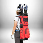 A person wearing a red golf bag as a backpack. — vue 2
