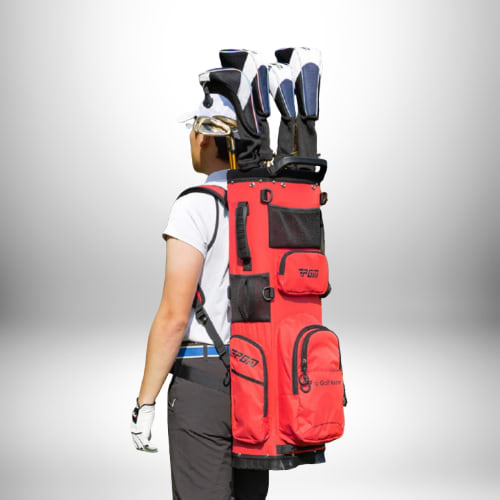 A person wearing a red golf bag as a backpack.