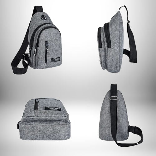 Vue en quatre angles d'un sac de sport bandoulière gris. Le sac est vu en perspective de face, de côté, du bas et de l'arrière. Il a une sangle noire et une poche zippée sur le devant avec l'inscription "Fashion".
