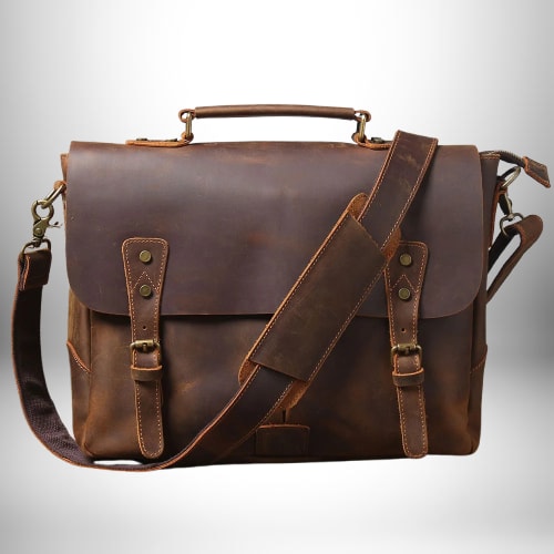 Cartable en cuir marron avec plusieurs sangles et une poignée, semblant être idéal pour un cartable prof.
