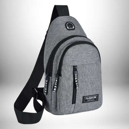 Voici une image d'un sac de sport bandoulière gris.
