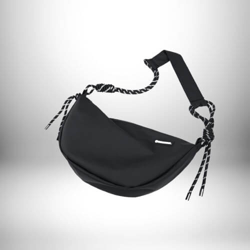 Un petit sac de sport homme noir avec des lanières en corde blanche et noire.