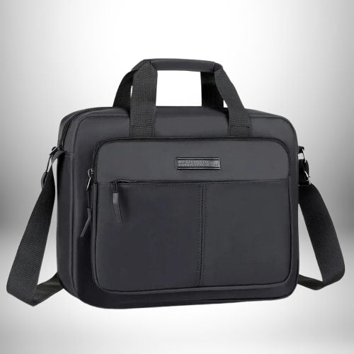 Image d'un cartable noir avec une bandoulière et une poignée supérieures,  probablement un cartable pour enseignant ou un usage professionnel.
