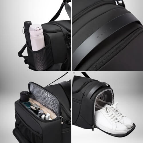 Quatre plans d'un grand sac sport noir. Le premier plan présente un côté du sac avec une poche latérale en filet contenant une bouteille blanche. Le deuxième plan zoome sur une sangle noire et le nom de la marque "BANGLI". Le troisième plan montre des compartiments du sac contenant une trousse de toilette. Le quatrième plan présente une paire de chaussures blanches rangées dans une partie inférieure du sac.
