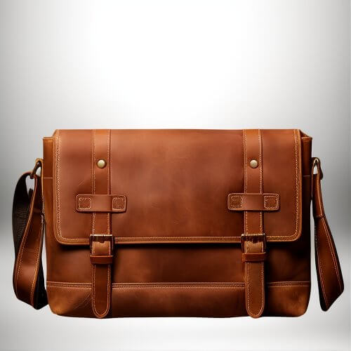 Gros plan sur une sacoche camel en cuir avec fermetures à boucle.