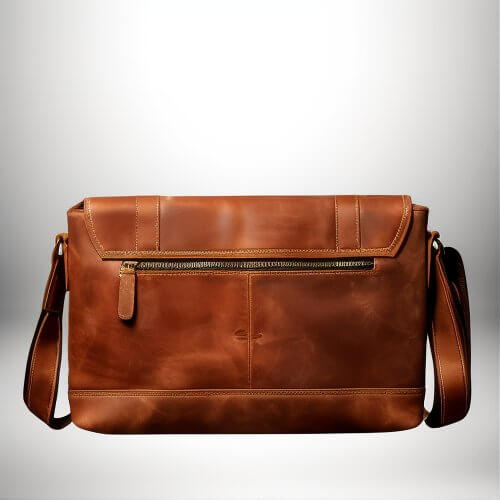 Vue arrière d'une sacoche camel en cuir, avec une grande poche zippée traversant la partie supérieure du sac. Le sac possède une bandoulière réglable.