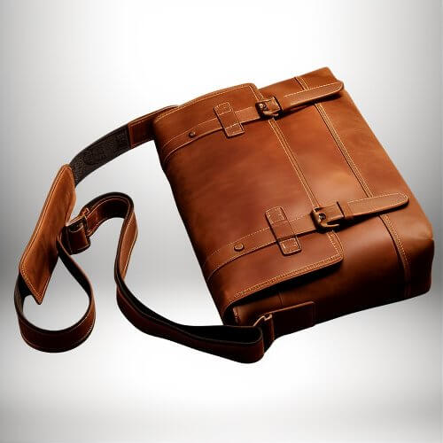 Gros plan d'une sacoche camel en cuir. La sacoche est rectangulaire avec un rabat et deux sangles ajustables. Une sangle plus petite, ainsi qu'une bandoulière en tissu et cuir sont attachées. L'image est prise sur un fond blanc.