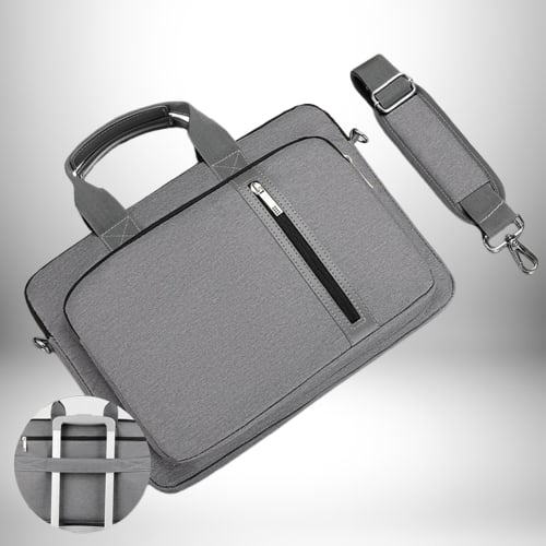 Image d'un sacoche ordinateur homme tendance de couleur grise avec une bandoulière amovible et une poignée supérieure. On remarque une fermeture éclair noire sur le devant. Un cercle au bas à gauche nous montre comment le sac peut être attaché à une valise.