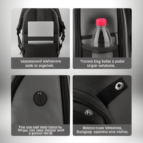 Un sac à dos drone noir avec de nombreuses poches, un compartiment pour ordinateur portable, des sangles de fixation réglables et des détails de conception utiles.