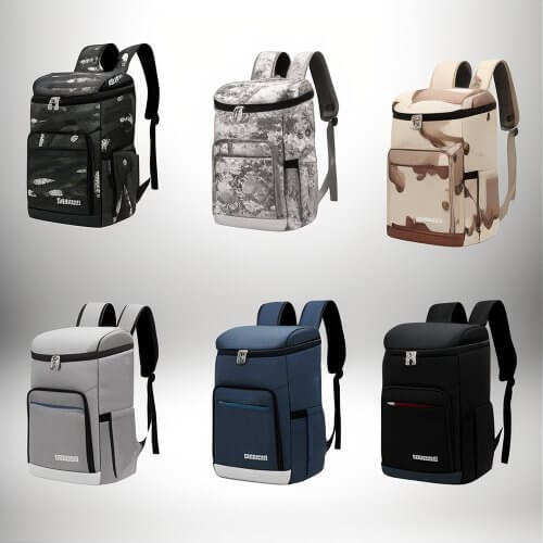 Plusieurs modèles de sac a dos thermos, de différentes couleurs et motifs.
