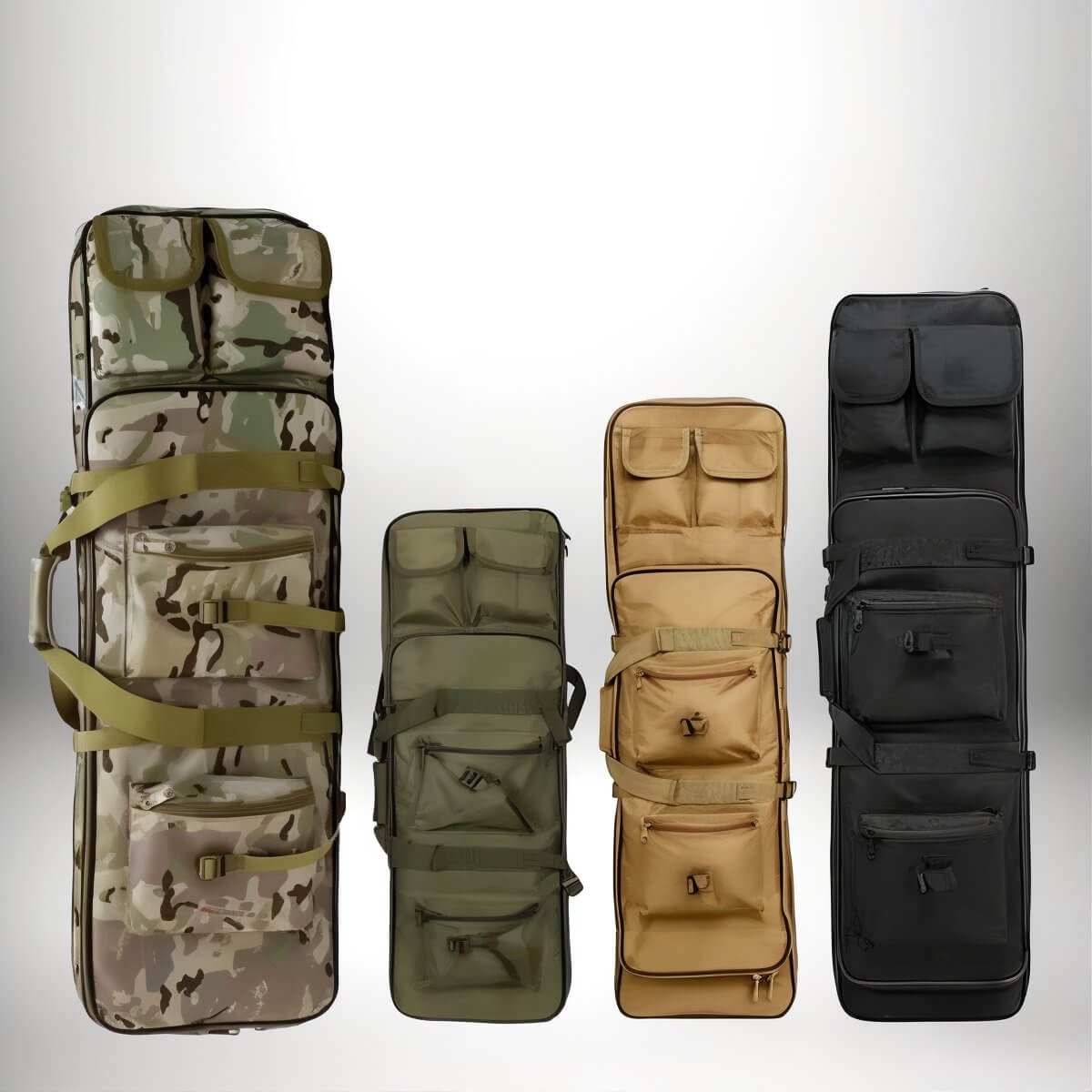 Plusieurs modèles de sac a dos chasse porte fusil, de différentes couleurs et tailles, présentés côte à côte.