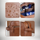 Plusieurs vues d'une trousse de toilette de voyage en cuir marron. La trousse est remplie de divers articles de toilette, et une image montre des gouttes d'eau sur le cuir."  — vue 5
