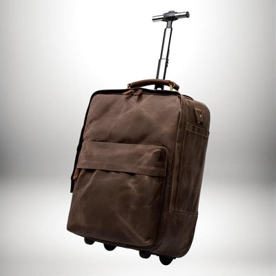 Un bagage à main marron en cuir avec une poignée télescopique, ressemblant à un bagage a main easy jet.