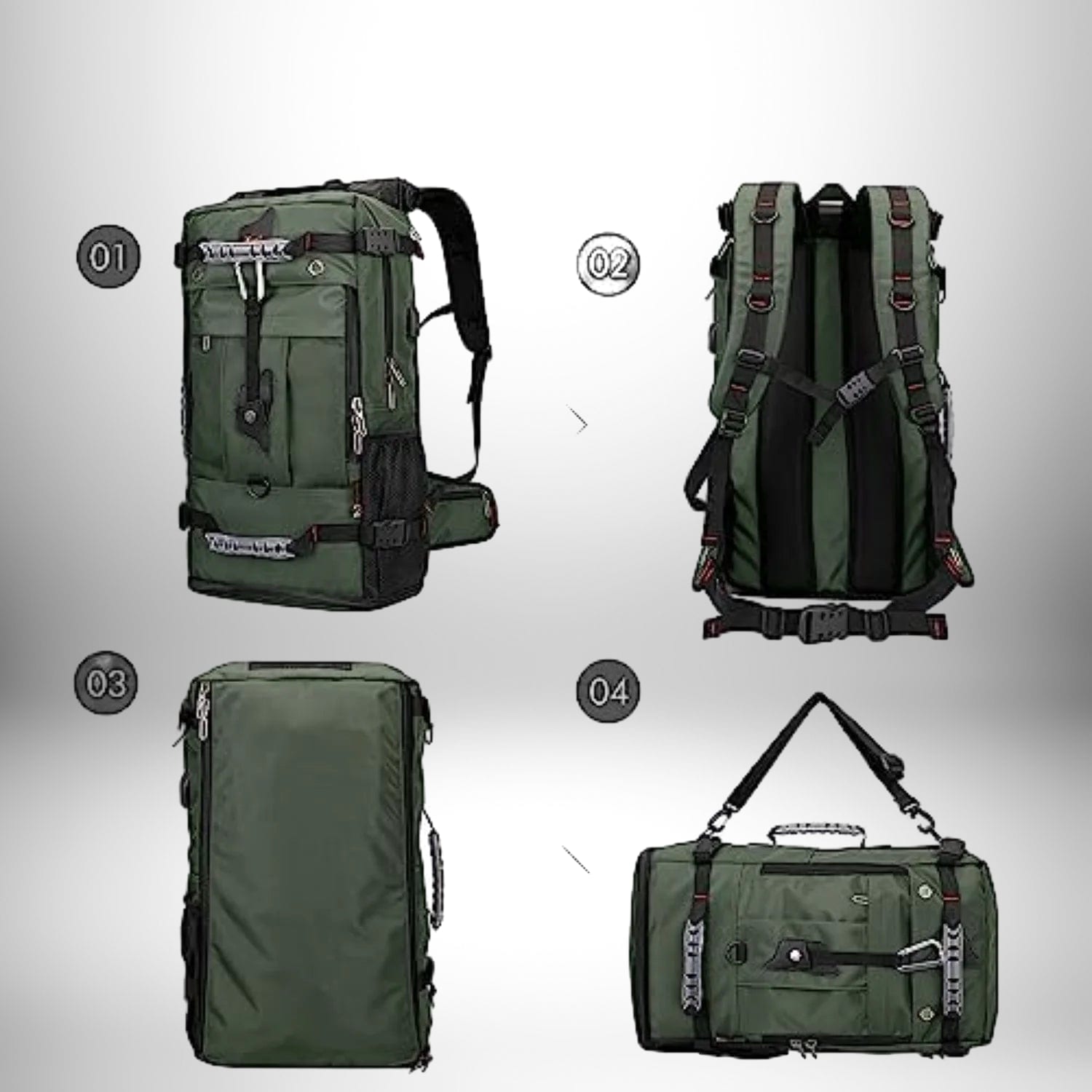 Plusieurs vues d'un sac a dos convertible,sac à dos convertible,sac convertible sac à dos,sac convertible de couleur verte. On voit le sac transformé en sac à dos avec les bretelles, le dos, le sac transformé en sac rectangle et le sac avec les anses et une bandoulière pour porter l'objet de différentes manières.