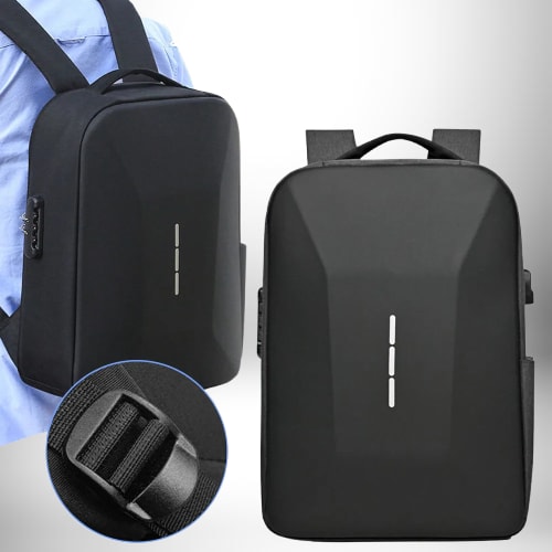Une image d'un sac à dos noir élégant illustrée sous deux angles différents, avec également une mise au point sur le système de verrouillage et des sangles ajustables du sac à dos.
